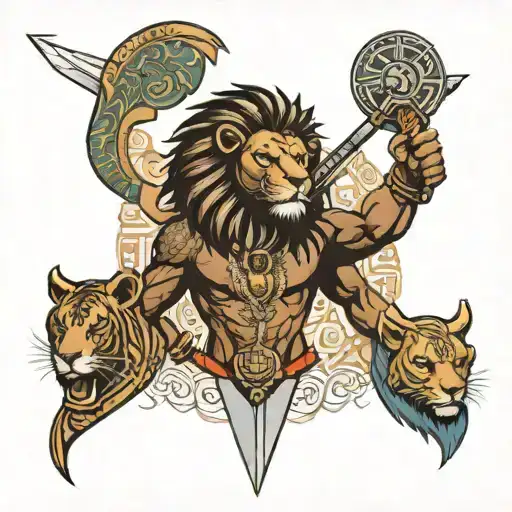 African Warrior Sword Lion Elephant Surrounded