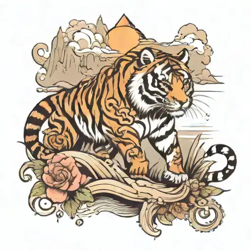 Tattoo With Mountain And Ocean And With Hindu Symbolic And Tiger