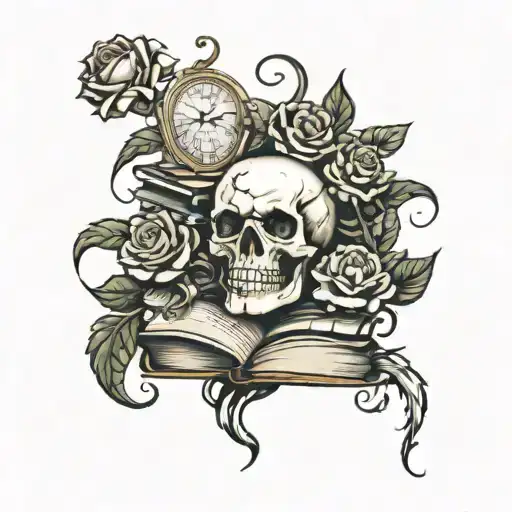 Books Surounded By Roses And Clocks And A Skull
