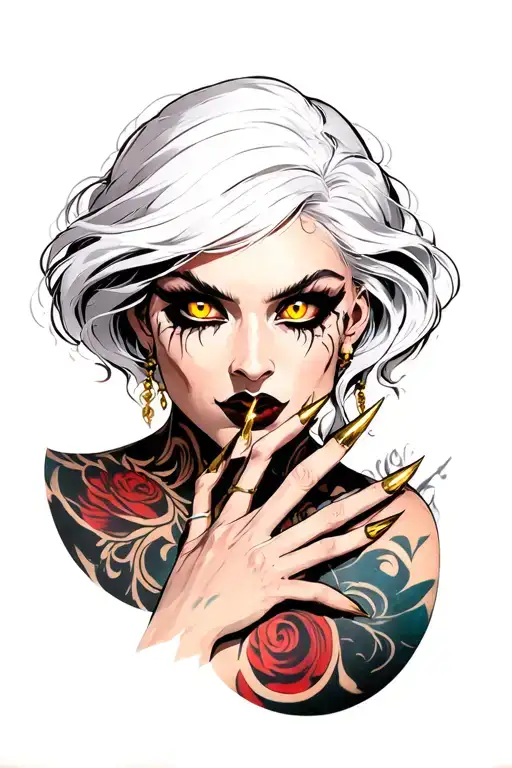 Woman With White Hair Gold Eyes And Iron Nails Evil