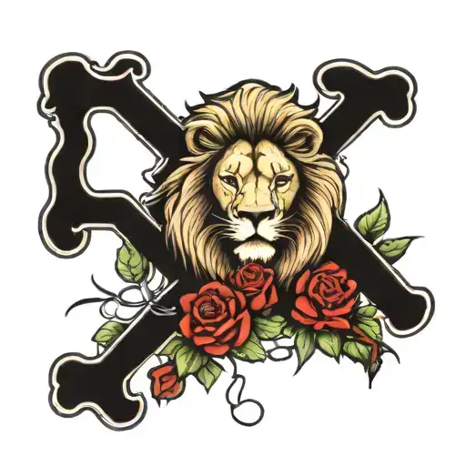 Lion With Cross And Roses Growing