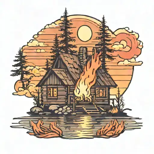 Cabin With Fire And Sunset Leading Into A Lake