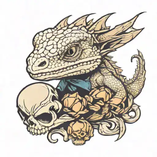 Kawaii Bearded Dragon Sitting On A Skull