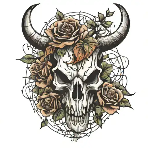 Bull Skull With Barbed Wire And Roses