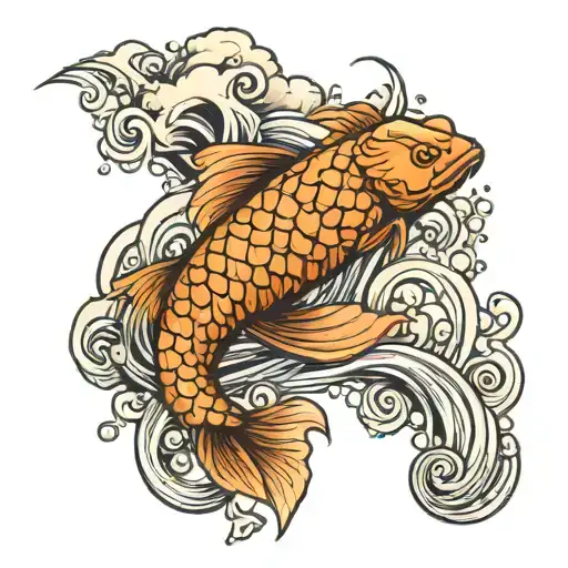 Koi Fish Swimming With Waves And Clouds Surrounding