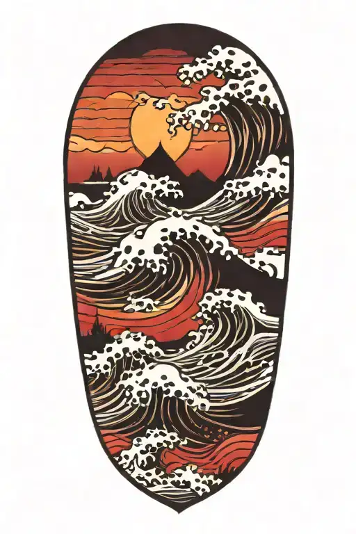 Waves And Red Sunset