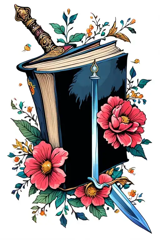 Book With Sword Piercing Through With Flowers Around It