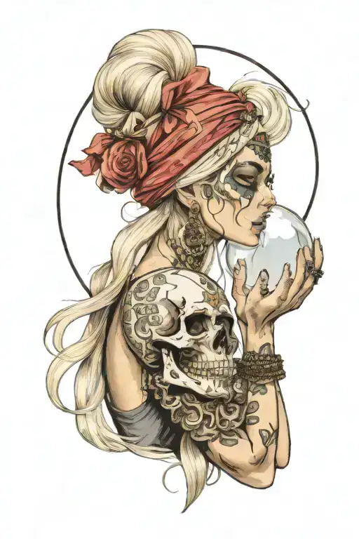 Blonde Blindfolded Gypsy Side Profile Holding A Crystal Ball With A Skull Inside