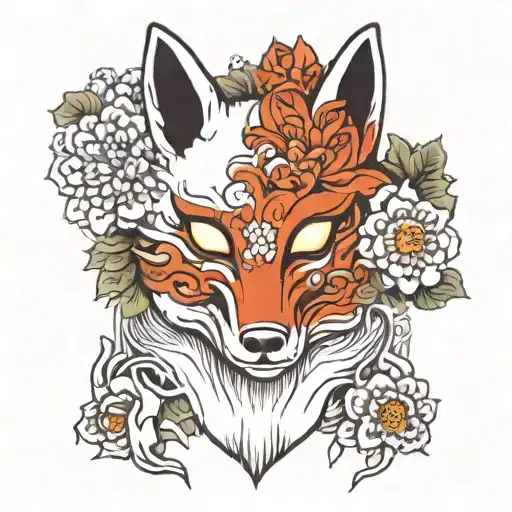 Kitsune Fox Mask Holding Chrysanthemum Flower