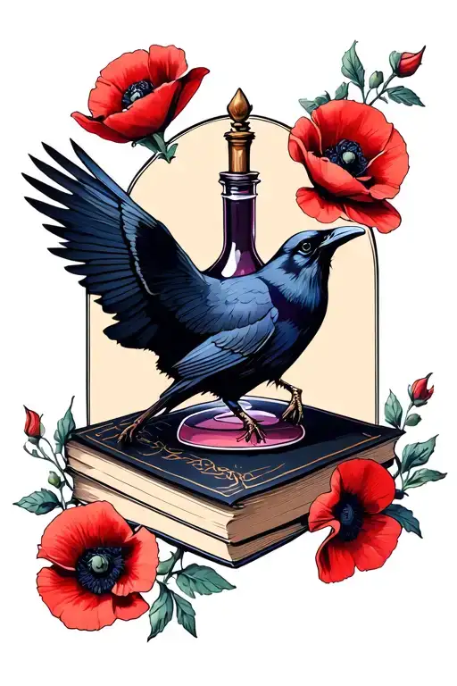 Raven And Potion Bottle And Books And Poppies And Belladonna
