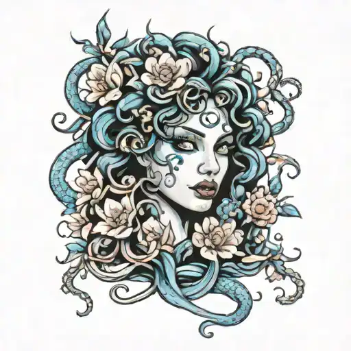 Medusa With Blue Snake Eyes And Blossoms Falling