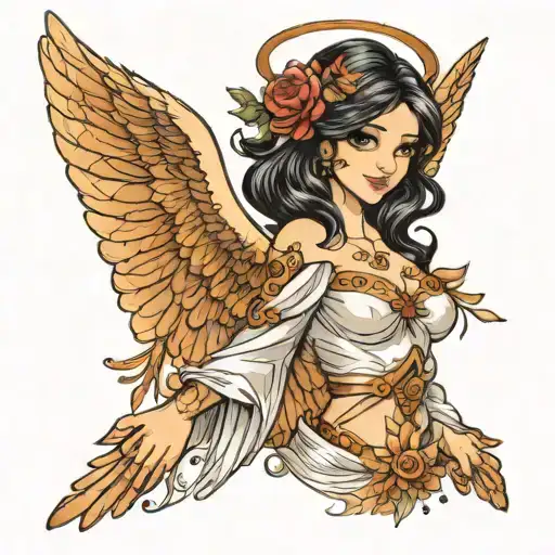 Lond Dark Haired Smiling Angel Transparent Wings Spread Wide