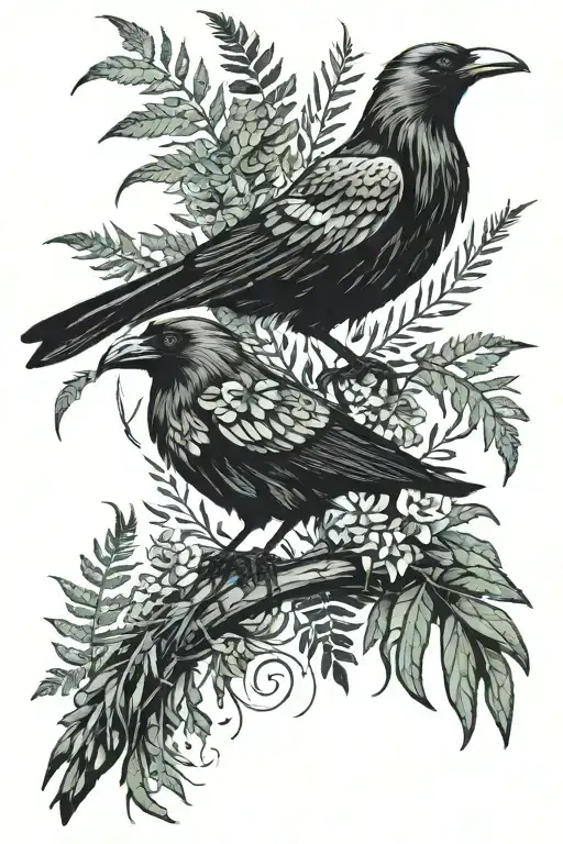 Ferns And Crow Perched
