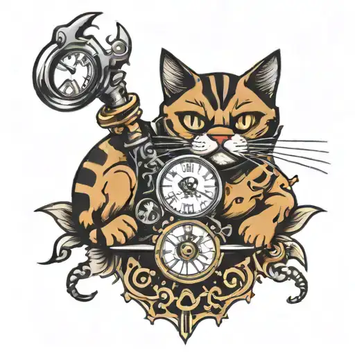 Timepiece And Angry Cat Holding Trophies