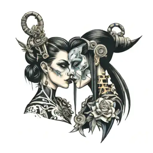 Goth Cyborg Gemini Sisters Holding