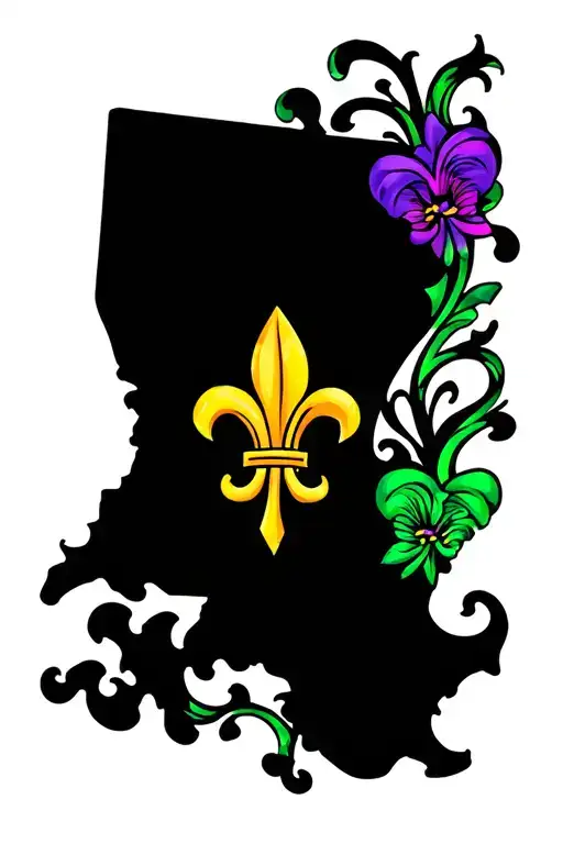 An Outline Of Louisiana With A Fleur De Lis Inside In Mardi Gras Colours