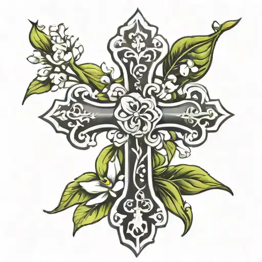 Black And White Cross With Lilly Of The Valley Flower Intertwined