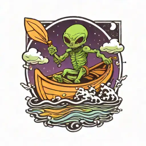 Happy Alien Paddling A Canoe Floating