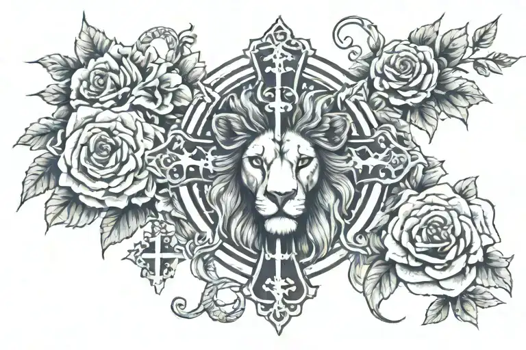 Cross With Rosery And Lion Head