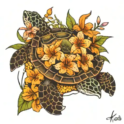 Sea Turtle With Tiger Lily Flowers For The Shell