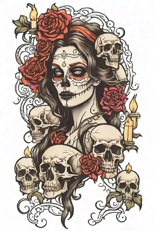 Beautiful Half Dead Woman With A Skull And Candles