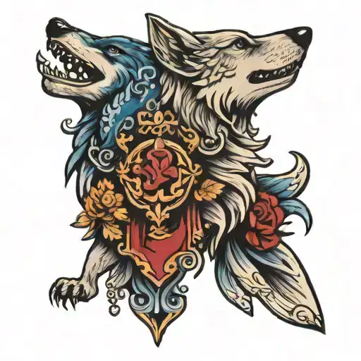 An Insignia With A Wolf And A Dove
