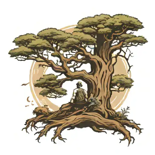 Giant Tree With A Man Sitting At The Base With Words Crossed Out Above His Head