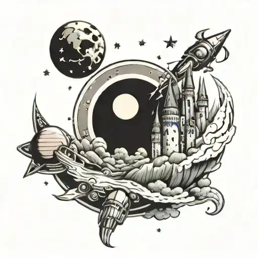 Space With A Castle And A Planet And Spaceships And A Moon