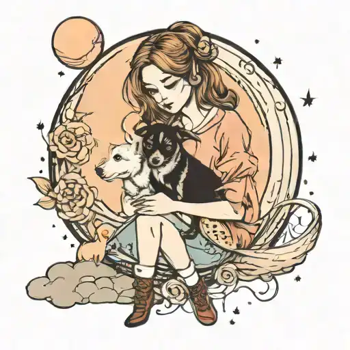 Girl And Her Dog Sitting On The Moon
