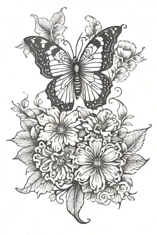 Butterfly Small Fine Line Back Tattoo Featuring Feathers And Flowers