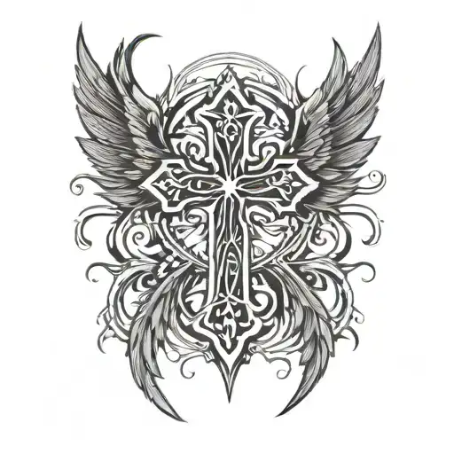 Black Thin Line Gothic Tribal Cyber Cross With Wings