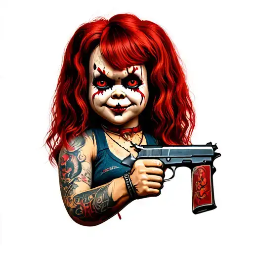 Female Chucky With Bang Hairstyle Holding A Gun