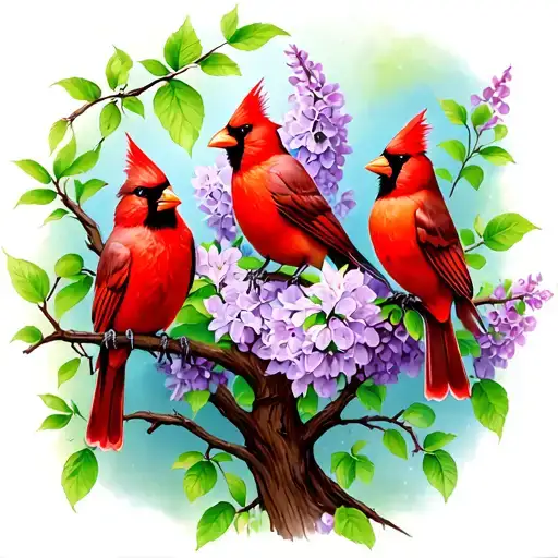 3 Cardinals In A Lilac Tree