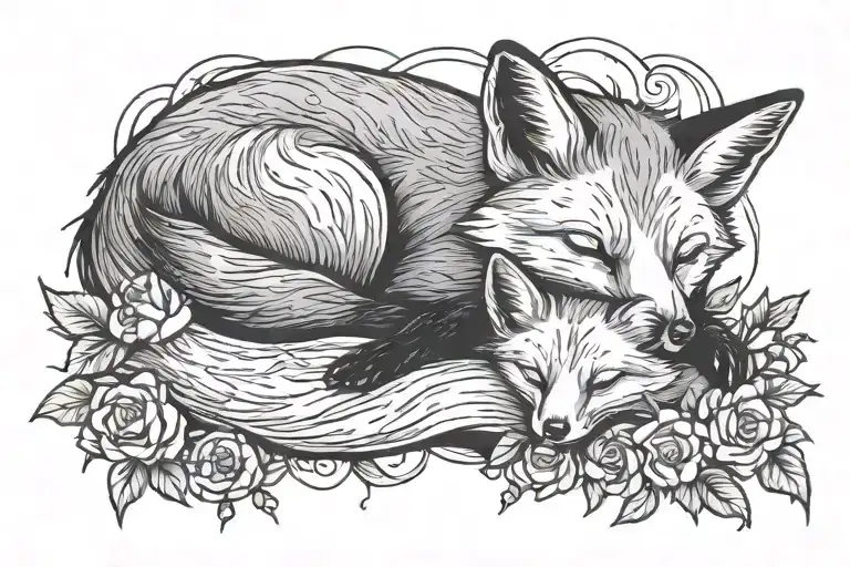Sleeping Fox With Fox Cub Black And White