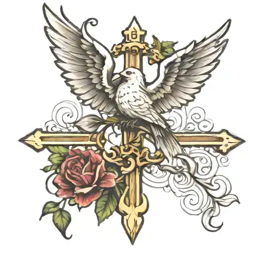 Cross With Dove And Cardinal Perched
