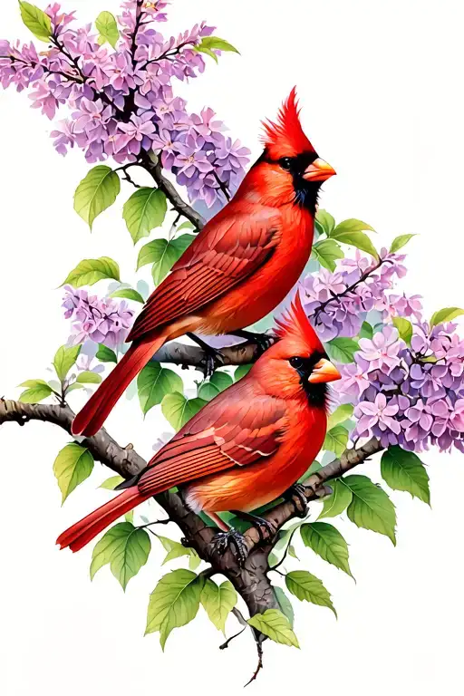 3 Cardinals In A Lilac Tree