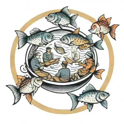 Men In Small Boats In A Circle Looking At A Fish Holding A Book