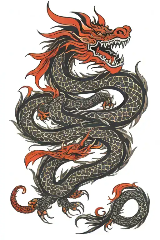 Red And Black Oriental Dragon With Upper Part