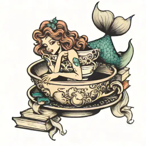 Mermaid In A Teacup On A Stack Of Books