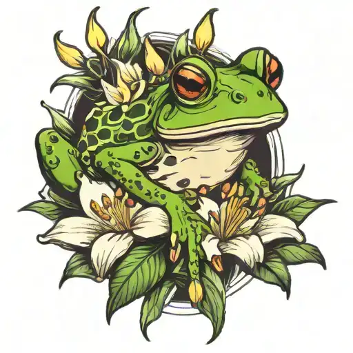 Frog Holding Lily Flowers Growing