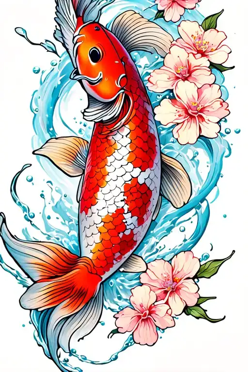 Koi Fish Swimming With Floating Cherry Blossoms