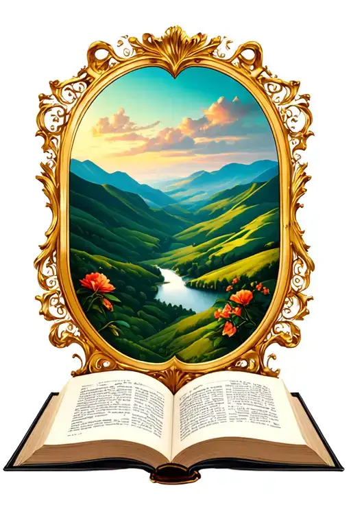 Open Book Below Rolling Hills With Simple Baroque Gold Frame