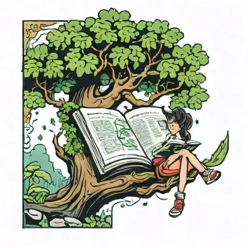 A Tree With Weed Nugs And A Girl Swinging Off Reqding A Book With Crazy Ideas Coming Out Of It