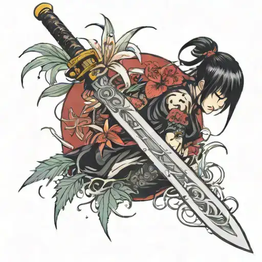 Katana Stuck In The Ground Surrounded By Red Spider Lily