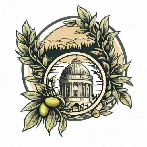 Circle Of Olive Branches With Coliseum In The Background With Spartan Helmet