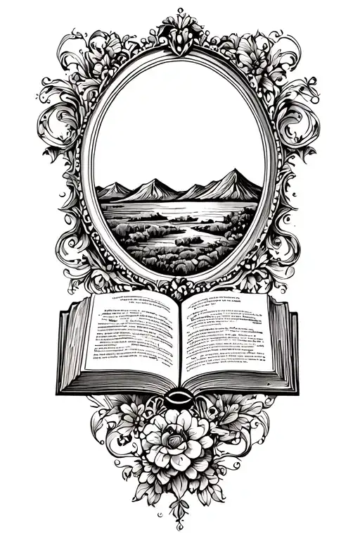 Open Book Below Hillscape With Simple Baroque Frame
