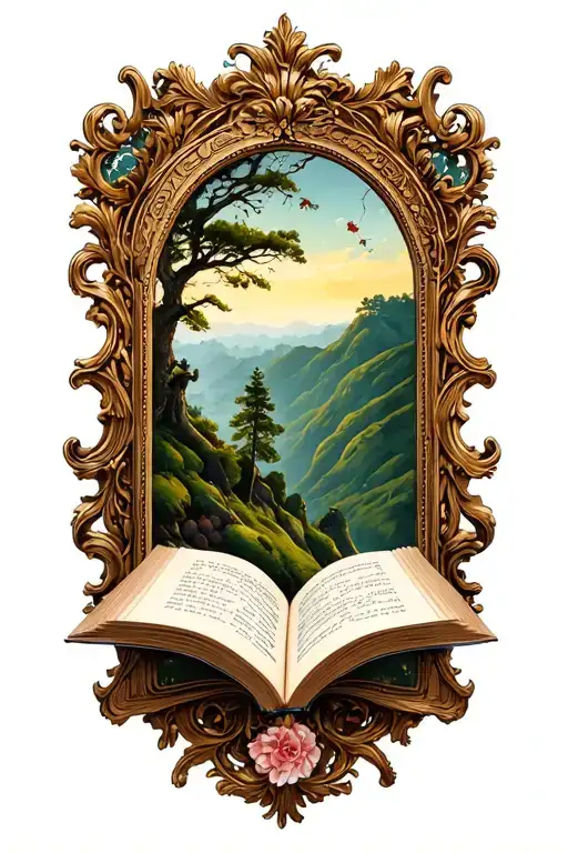 Open Book Below Hillside Baroque Frame