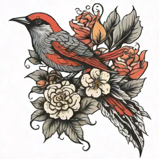 Floral And Red Bird