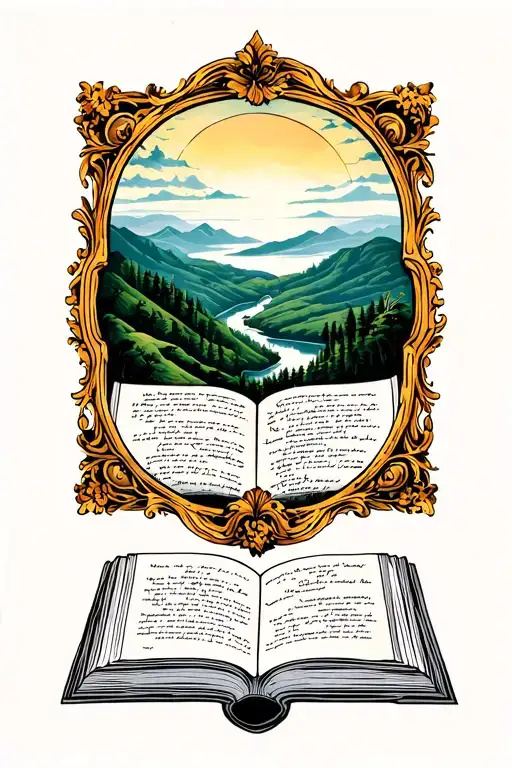 Open Book Below Hillscape With Simple Baroque Frame