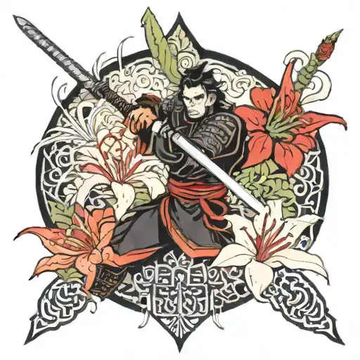 Samurai Sword Stuck In The Ground Surrounded By Red Spider Lily